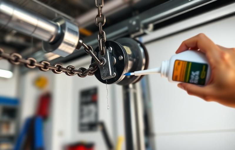 Garage door chain mechanism being lubricated for maintenance