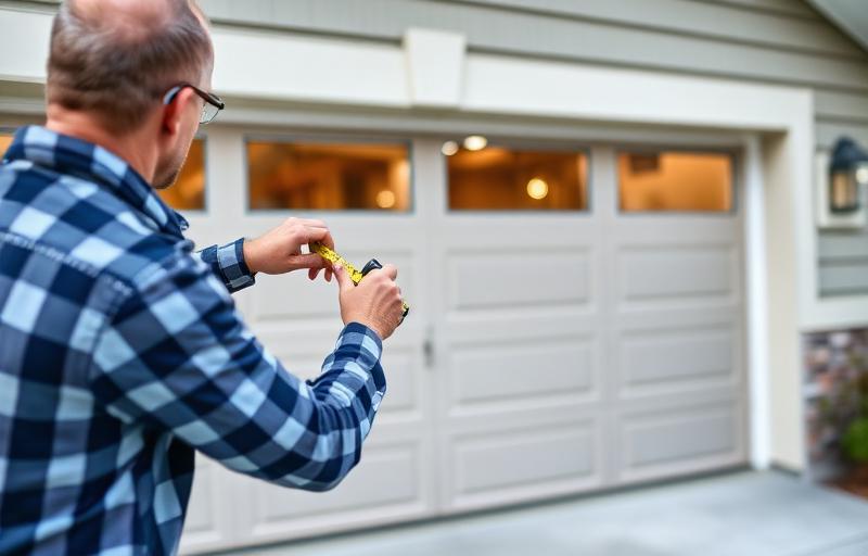 Homeowner measuring garage door opening with tape measure
