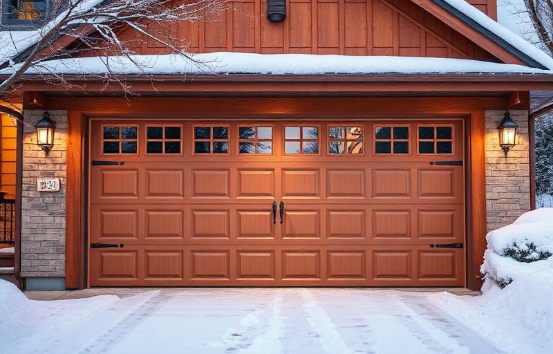 Insulated garage door in winter with snow on the ground