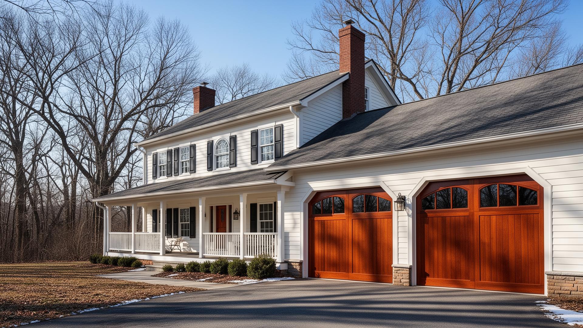 Professional mahogany garage doors on beautiful farmhouse - Turkey Garage Doors